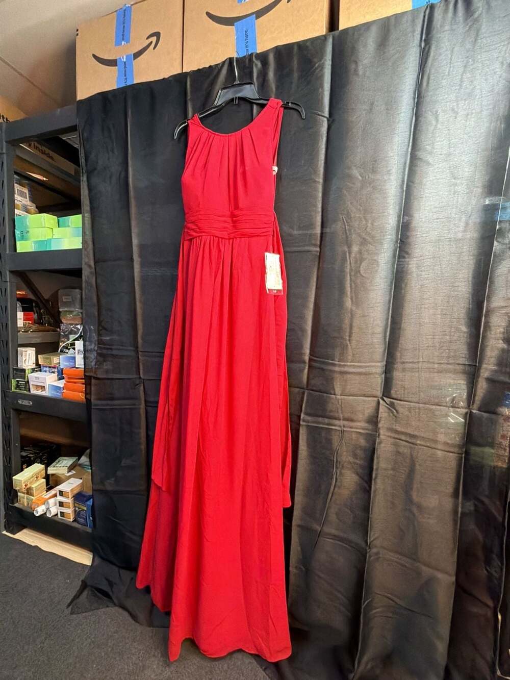 Vendor BL Chiffon Sheer Illusion Top Floor-Length Gown Cranberry